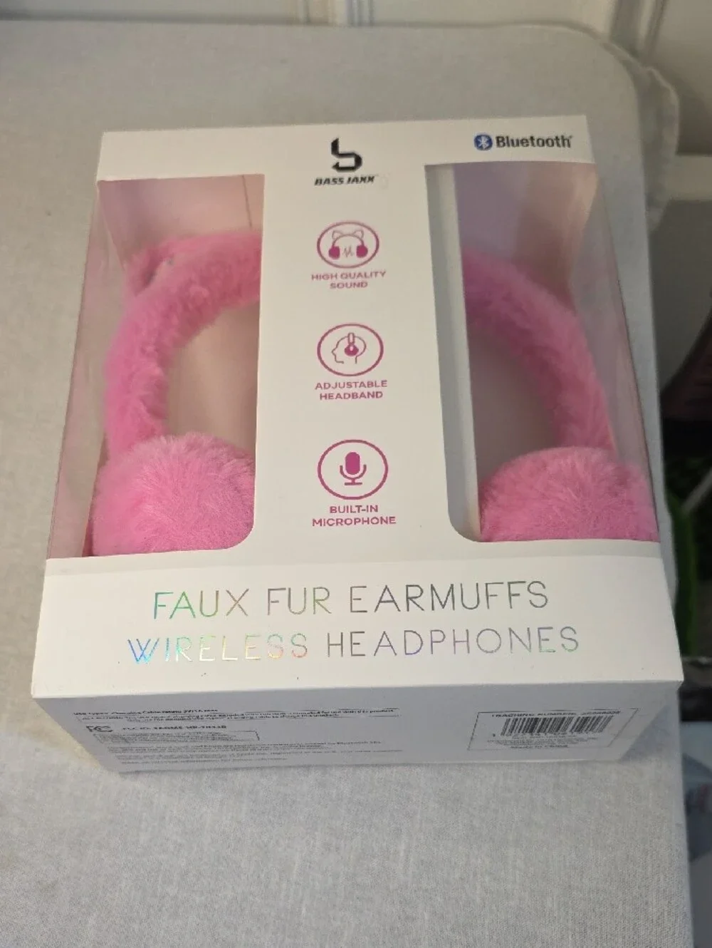 Pink Faux Fur Earmuffs Bluetooth Wireless Headphones with Microphone